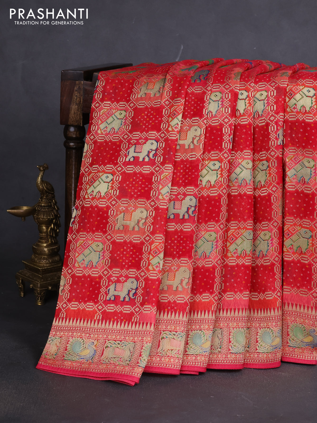 Banarasi georgette saree red with bandhani prints & mina weaves
