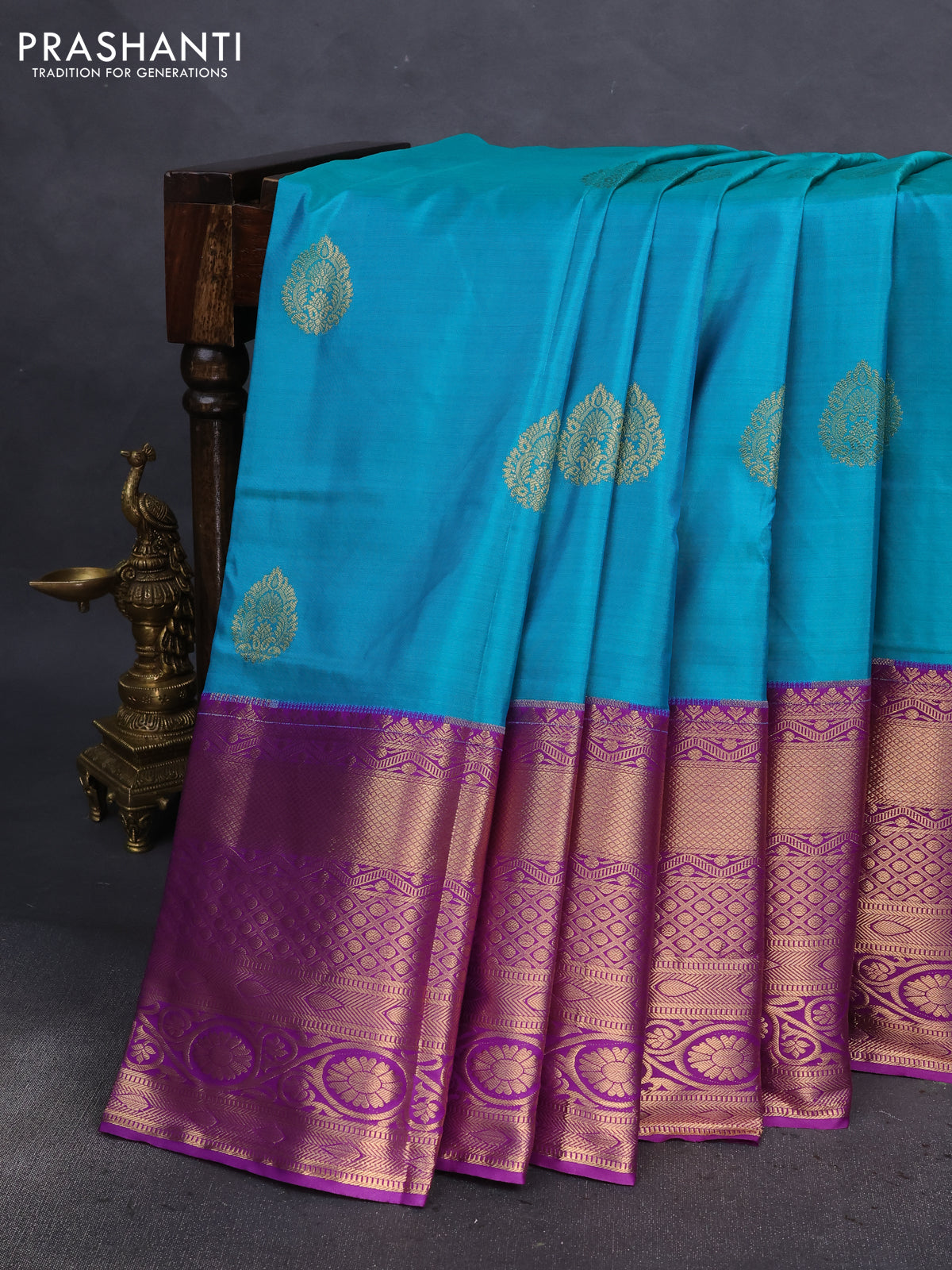 Bangalori silk saree dual shade of teal bluish green and violet with zari woven buttas and long zari woven border