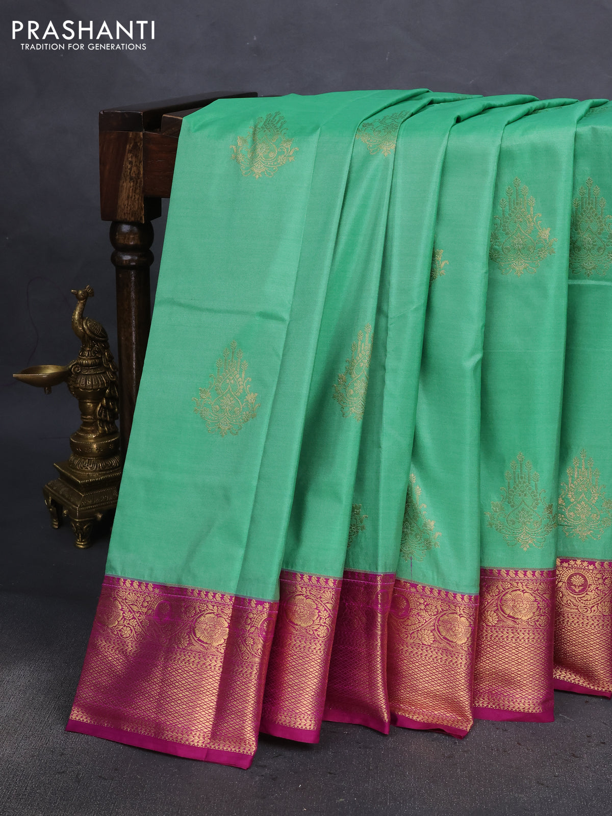 Bangalori silk saree teal green shade and magenta pink with zari woven buttas and zari woven border