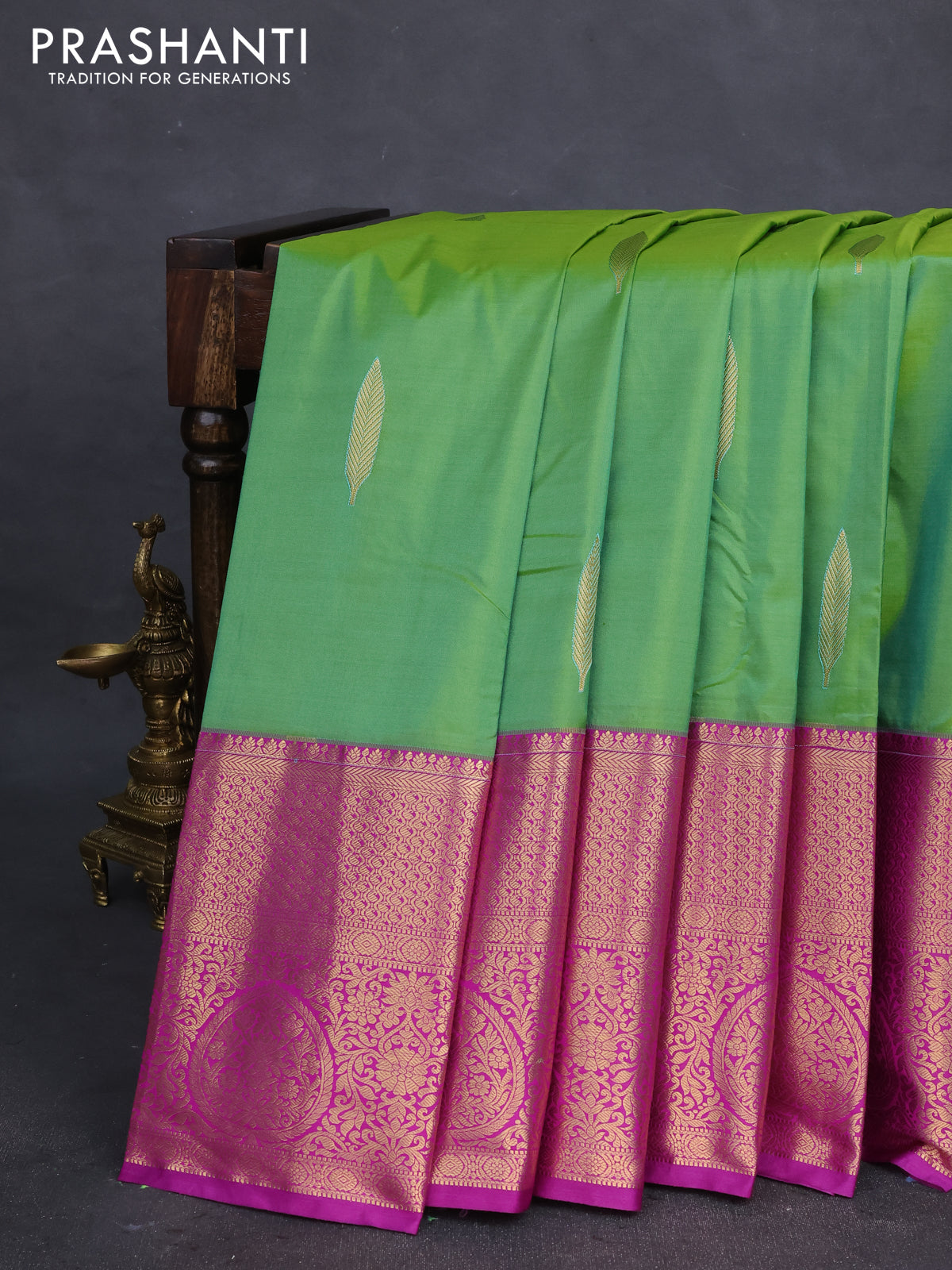 Bangalori silk saree green and violet with zari woven buttas and long zari woven border