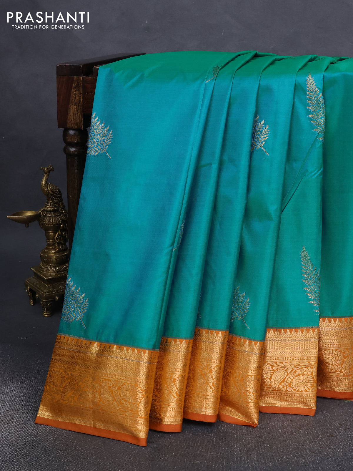 Bangalori silk saree teal blue and dark mustard with zari woven buttas and zari woven border