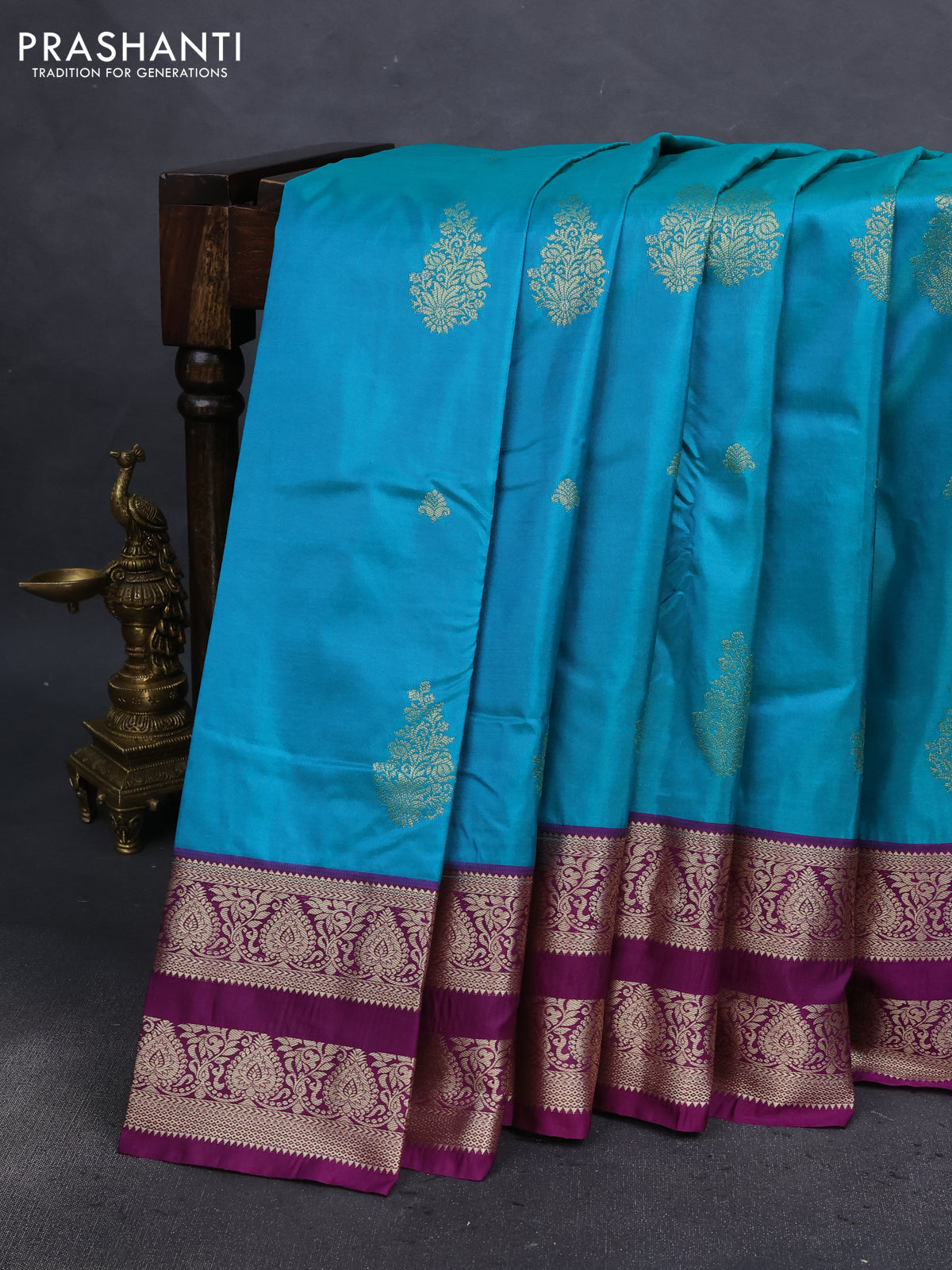 Bangalori silk saree teal blue and deep purple with zari woven buttas and zari woven border