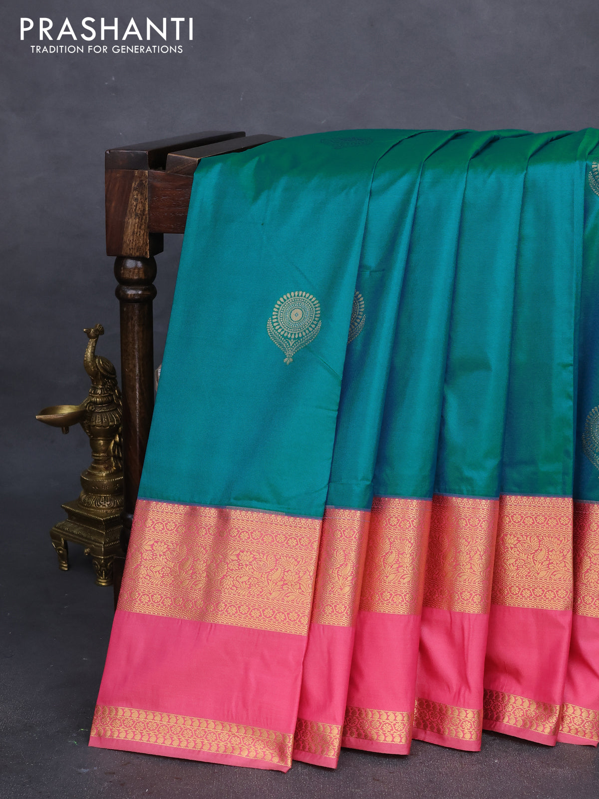 Bangalori silk saree teal blue and pink shade with zari woven buttas and rettapet zari woven border