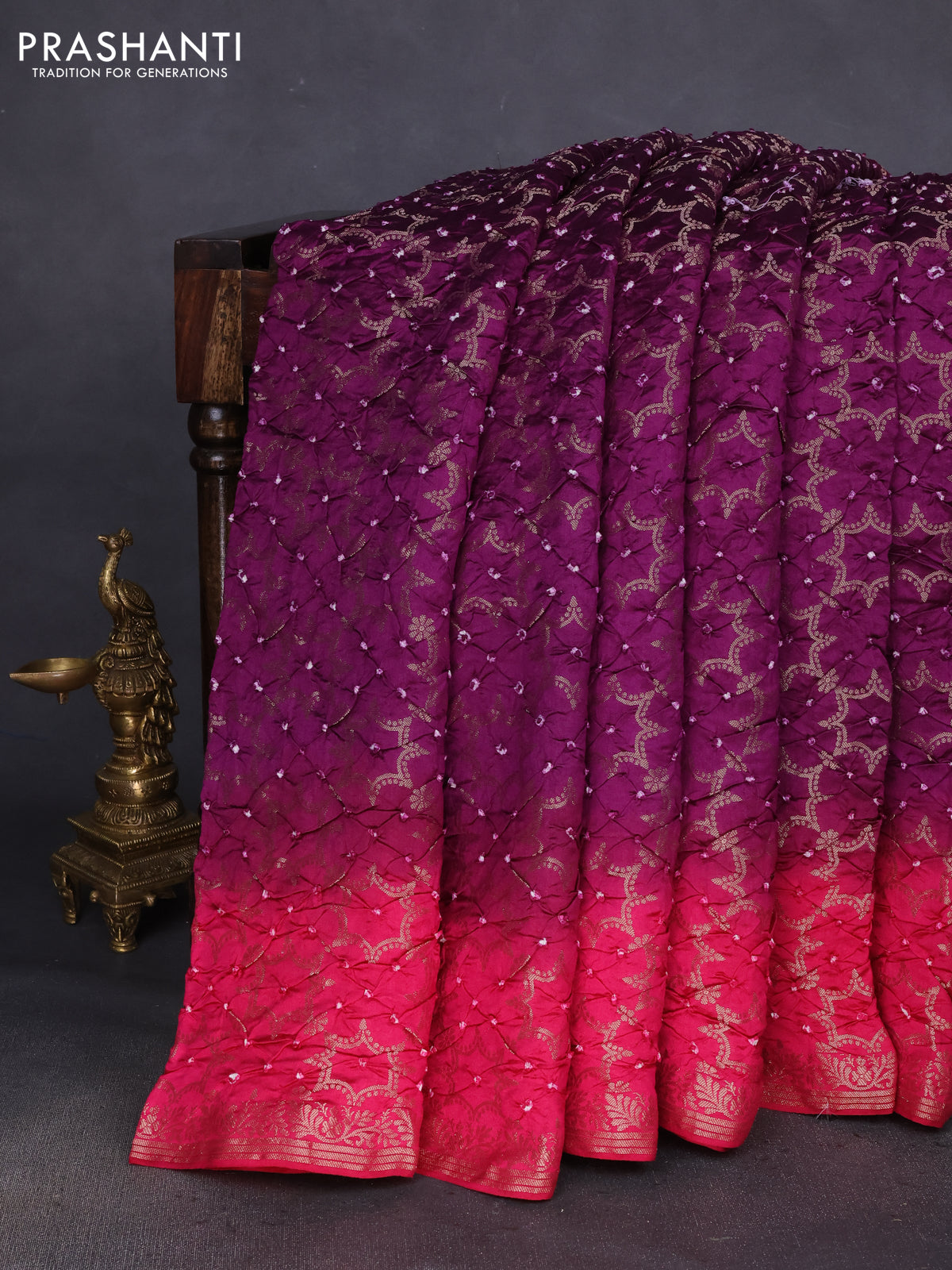 Chiniya silk saree purple and pink with allover bandhani prints & zari weaves and zari woven border