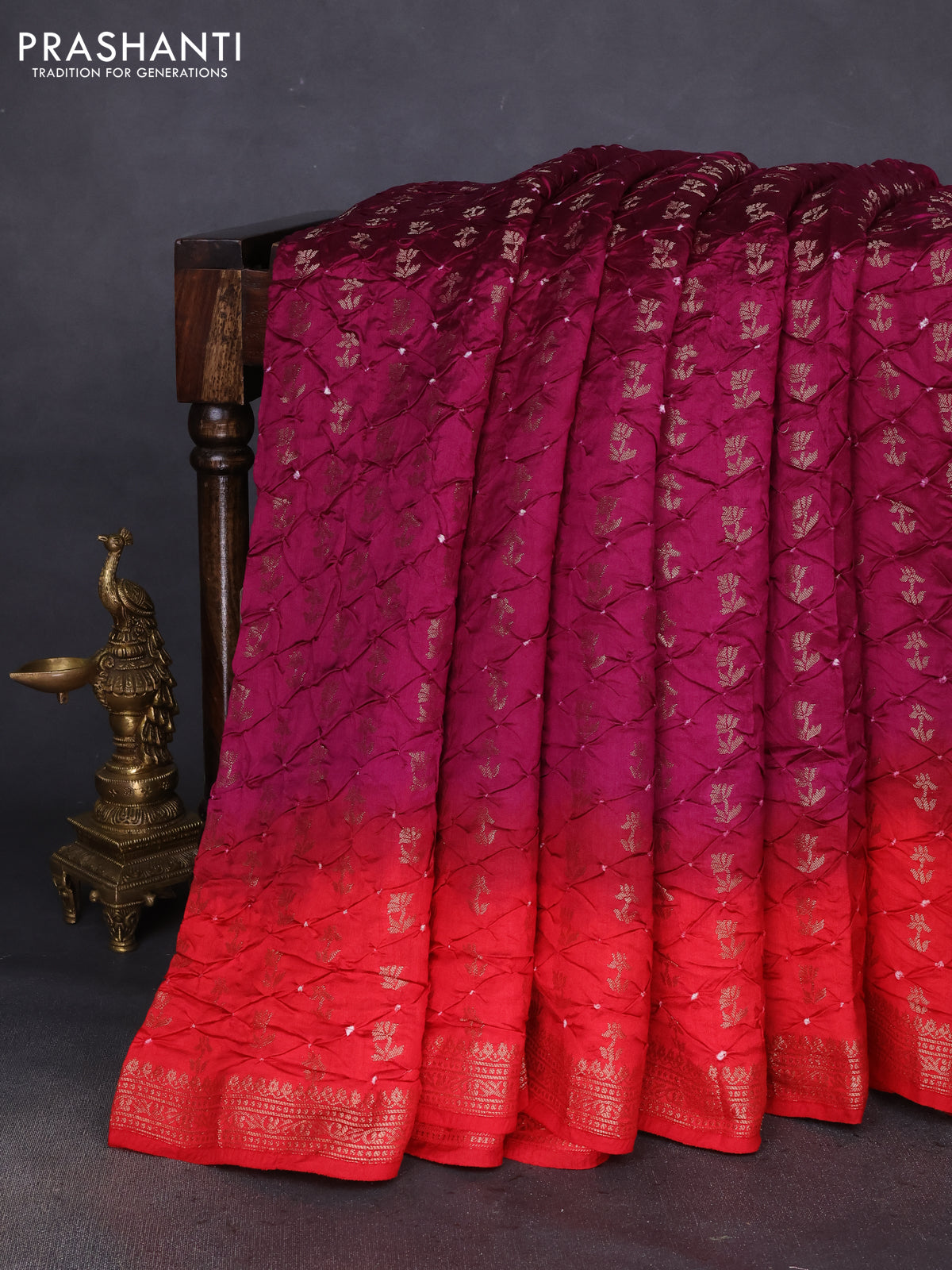 Chiniya silk saree purple and red with allover bandhani prints & zari weaves and zari woven border