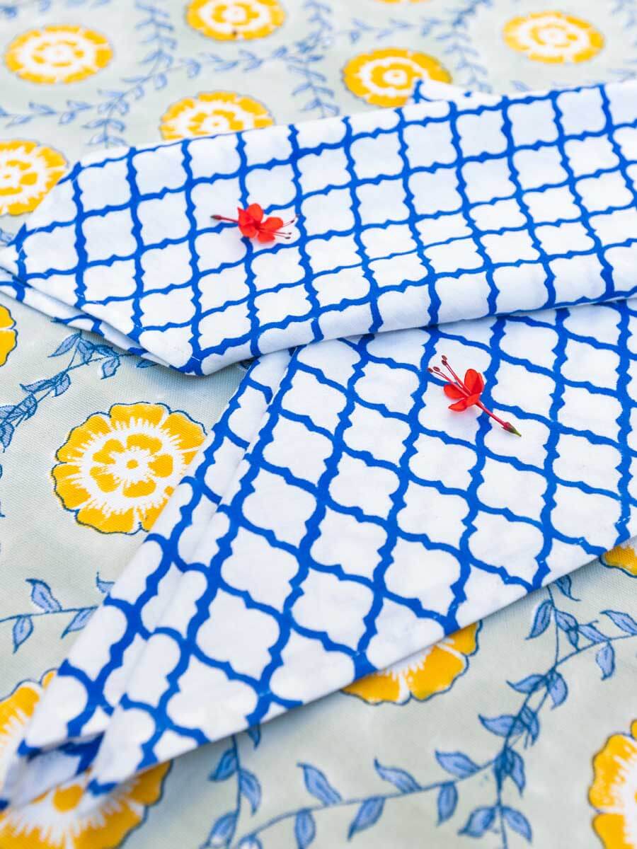 Blue Chevron Block Printed Cotton Table Napkins