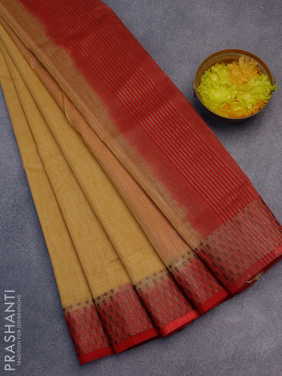 Banarasi semi matka saree sandal and red with plain body and antique zari border