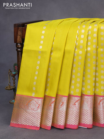 Venkatagiri silk saree lime yellow and pink with allover silver zari woven buttas and silver zari woven border