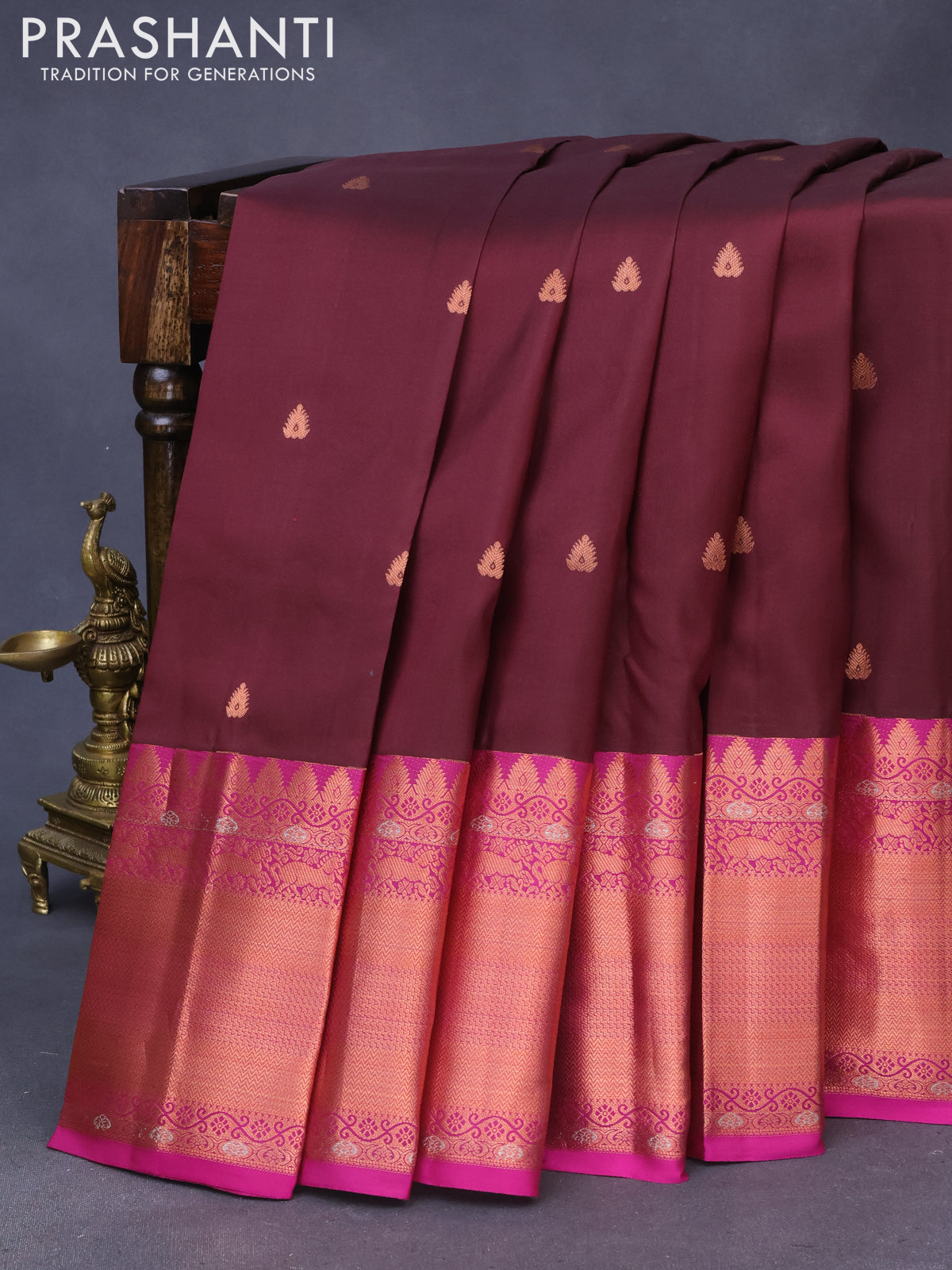 Pure kanchipuram silk saree deep maroon and pink with zari woven buttas and long copper zari woven border