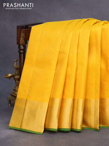 Pure kanchipuram silk saree mango yellow and green with allover zari checks & buttas and long zari woven border