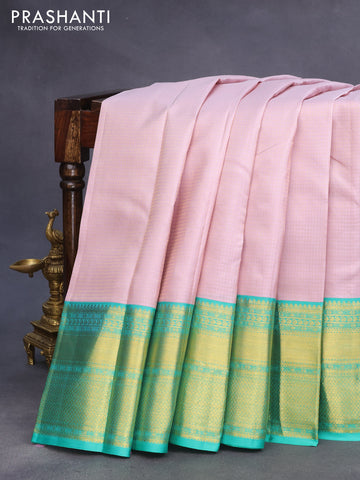 Pure kanchipuram silk saree pastel pink and teal green with allover zari checked pattern and long zari woven korvai border