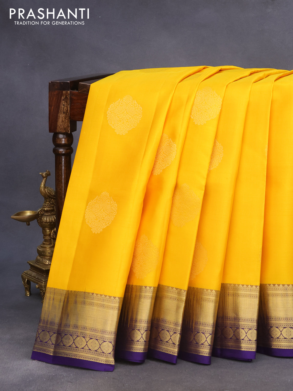 Pure kanchipuram silk saree yellow and violet shade with zari woven buttas and zari woven border