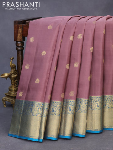 Pure kanchipuram silk saree rosy brown and teal blue with zari woven buttas and zari woven border