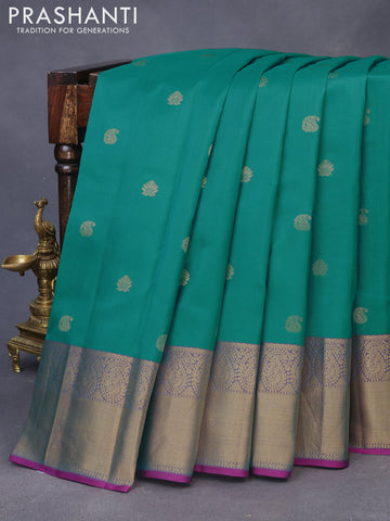 Pure kanchipuram silk saree teal green and purple with zari woven buttas and zari woven border