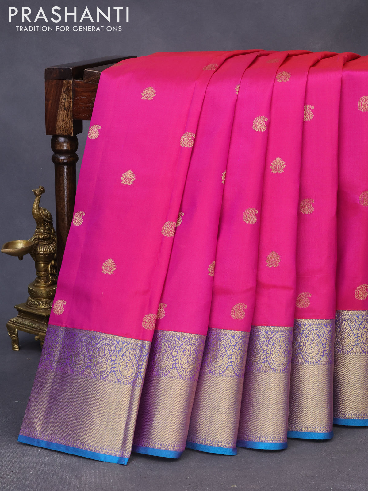 Pure kanchipuram silk saree magenta pink and teal blue with zari woven buttas and zari woven border