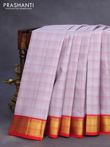 Pure kanchipuram silk saree grey shade and red with allover checked pattern and zari woven korvai border