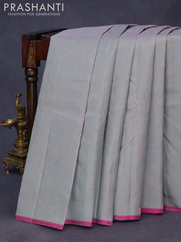 Pure kanchipuram silk saree grey and pink with allover copper zari weaves & buttas and thread woven piping border