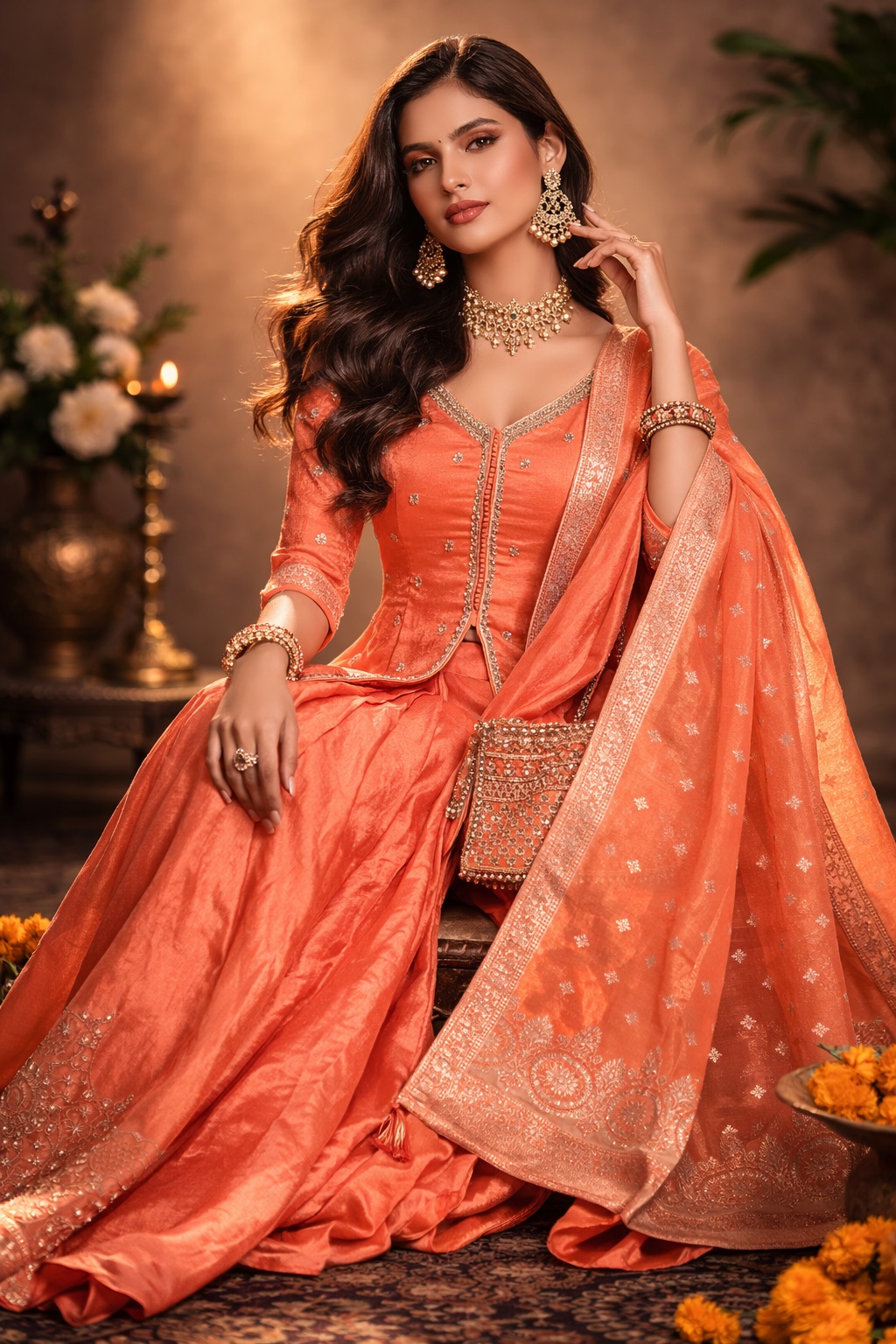 Bright Orange Silk Blend Embroidered Palazzo Set