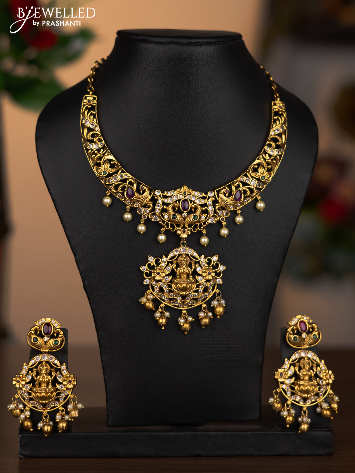 Antique necklace lakshmi design with kemp & cz stones and pearl & golden beads hanging
