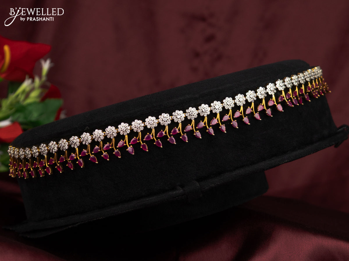 Antique hip chain with floral design and pink kemp & cz stones