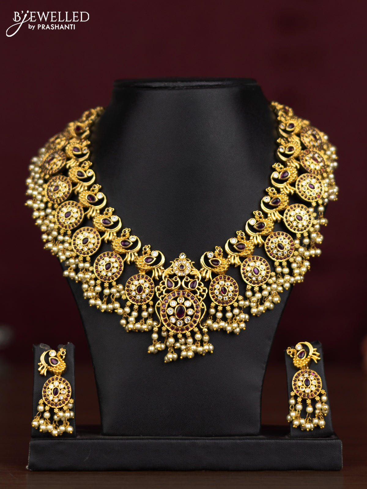 Antique guttapusalu necklace peacock design with pink kemp & cz stones and pearl hangings