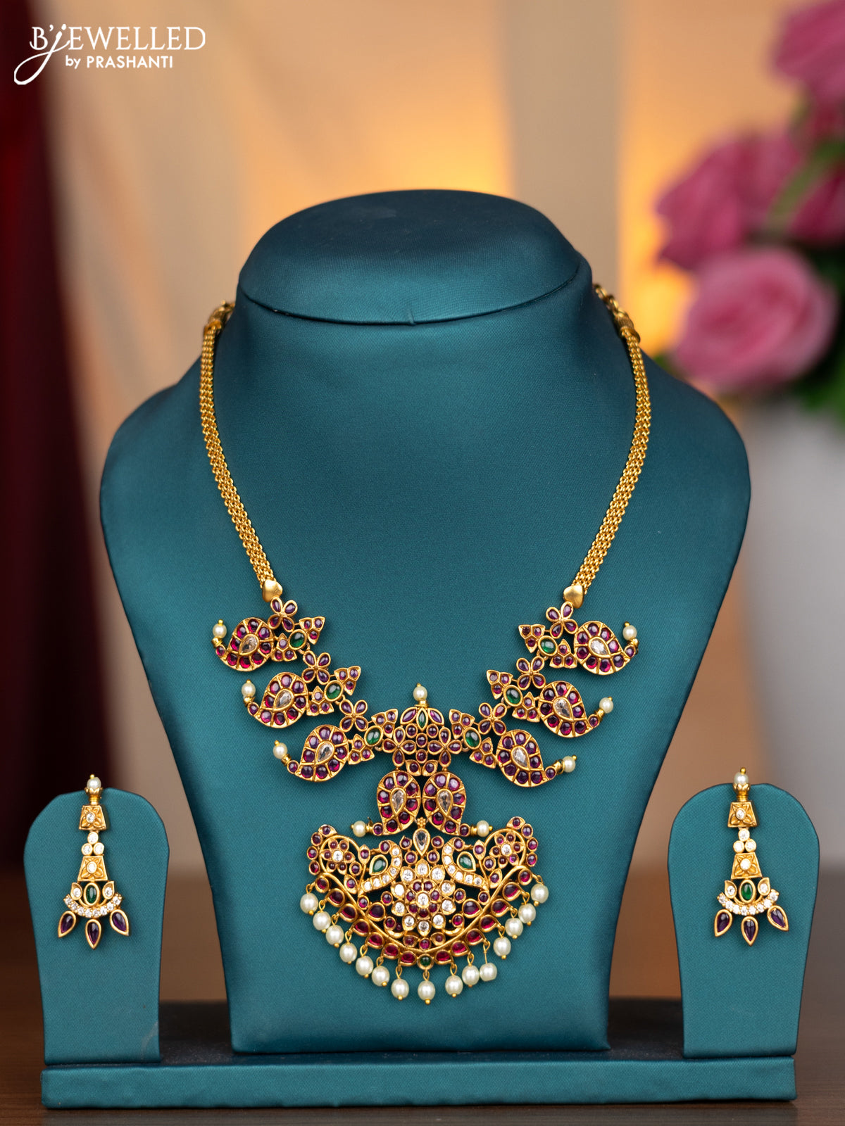 Antique necklace peacock & manga pattern with kemp and cz stones & pearl hangings