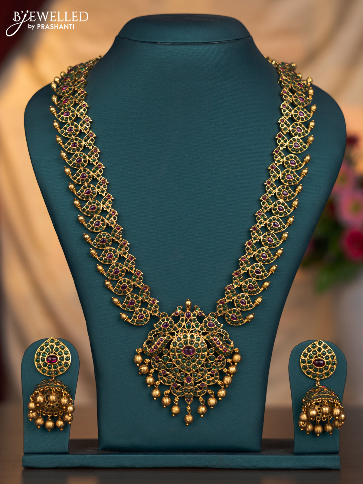 Antique haaram peacock & maanga pattern with kemp stones and golden beads hanging