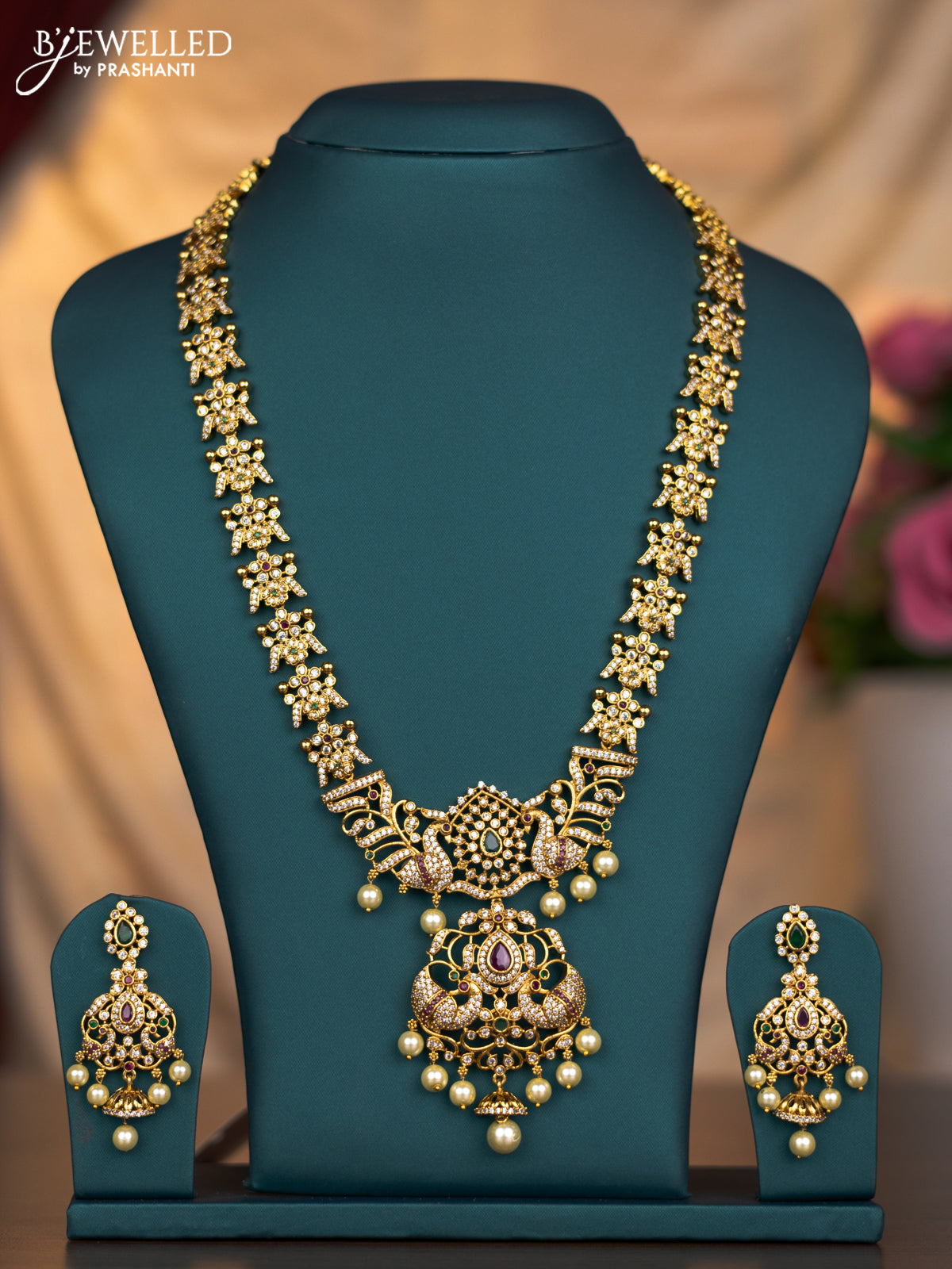 Antique haaram pecock design with kemp and cz stones and pearl hangings