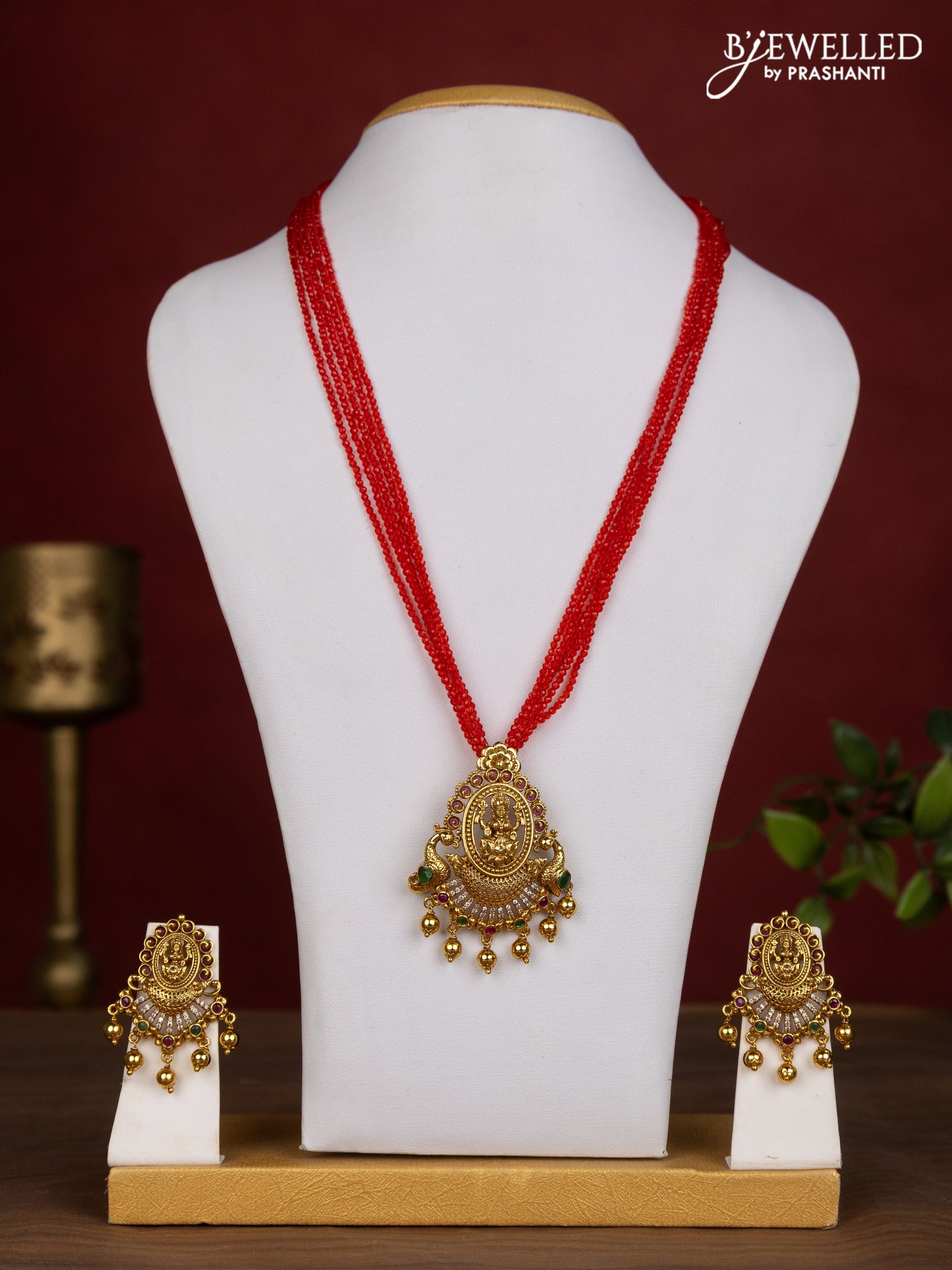 Jaipur crystal beaded multilayer red necklace with lakshmi pendant