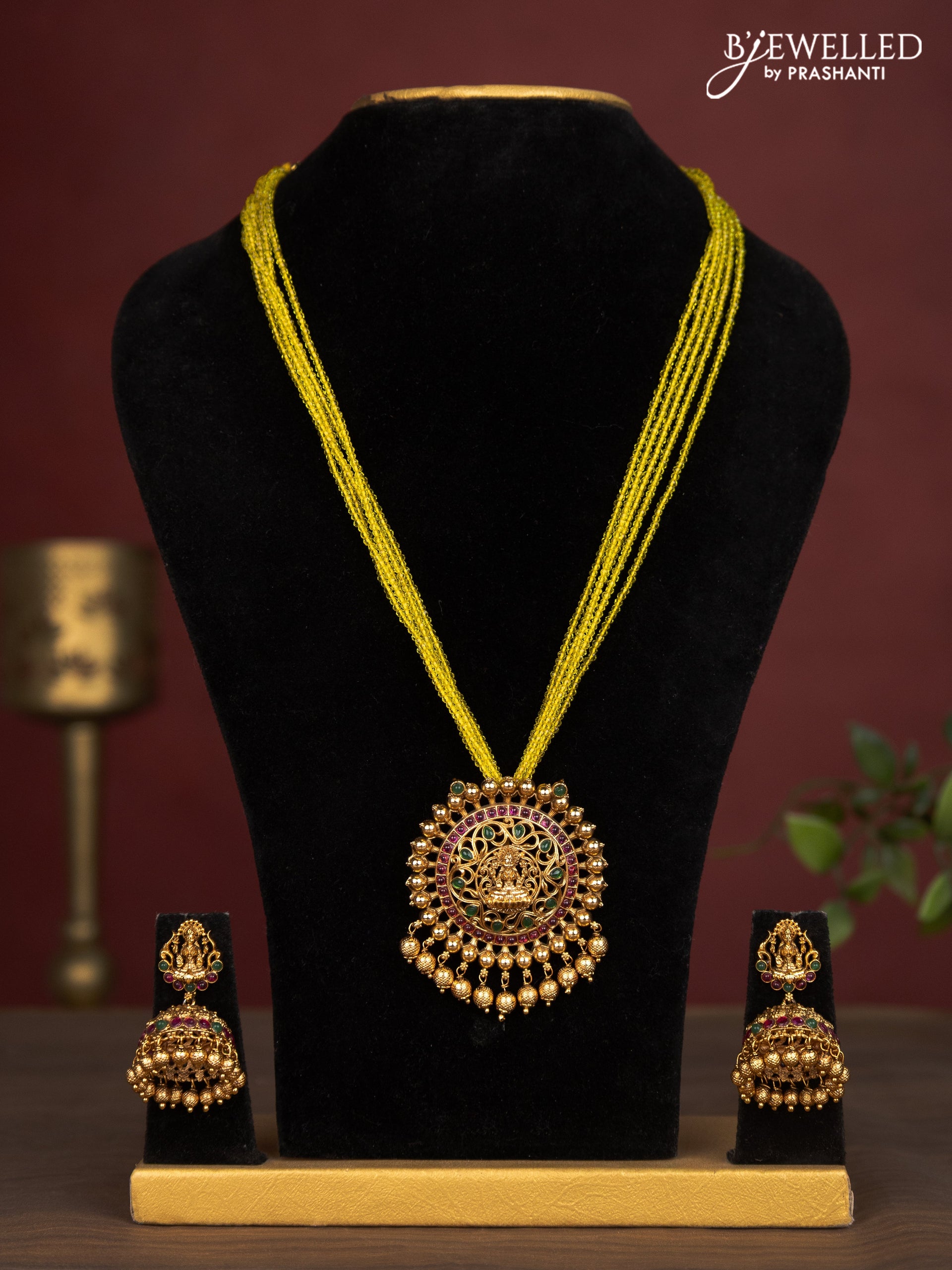 Jaipur crystal beaded multilayer yellow necklace with lakshmi pendant