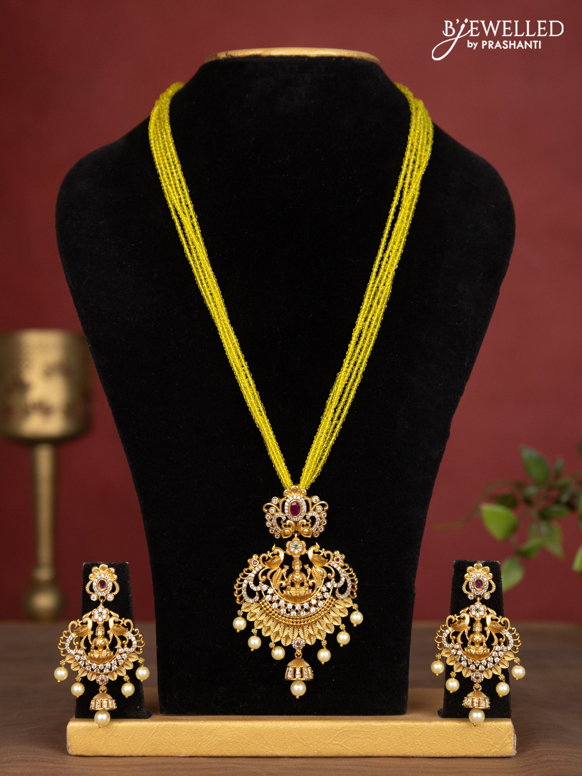 Jaipur crystal beaded multilayer yellow necklace with lakshmi pendant