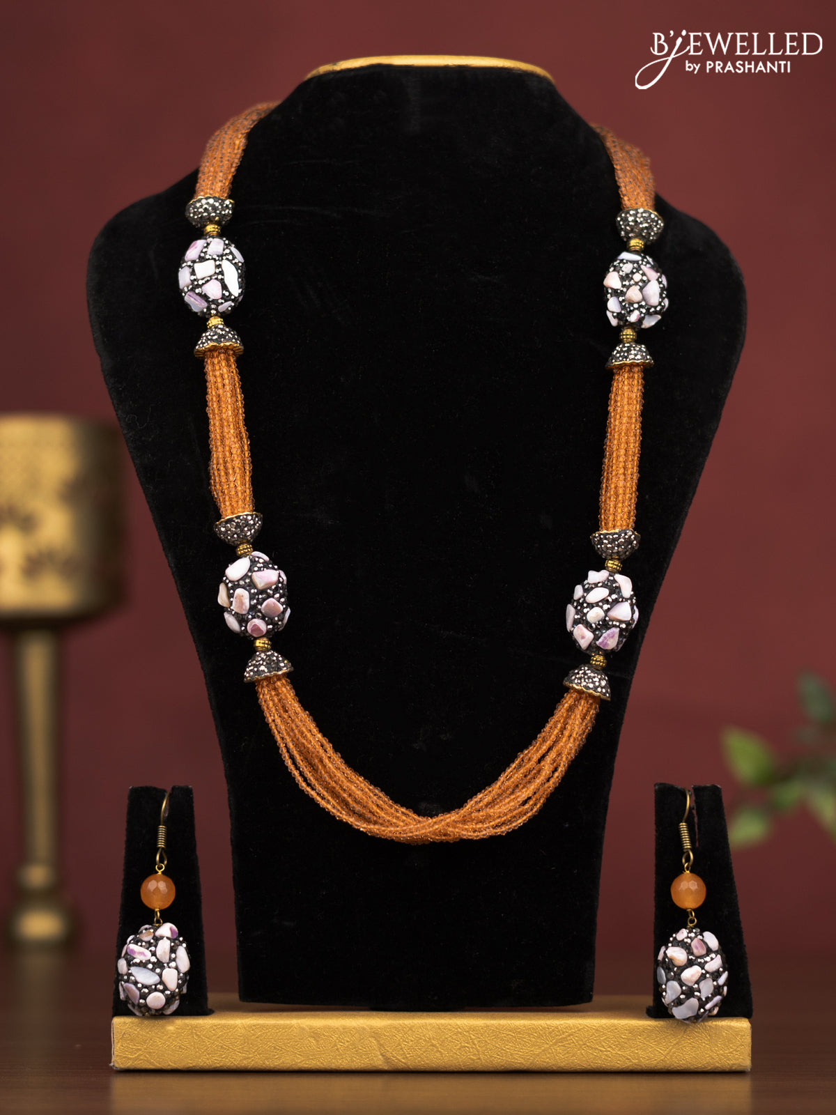 Jaipur multilayer beaded orange necklace with crystal beads