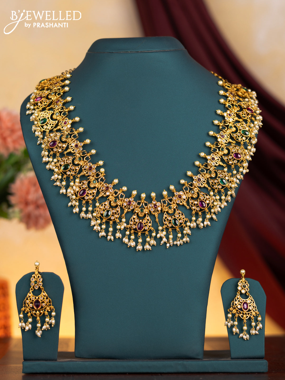 Antique guttapusalu necklace chandbali design with kemp & cz stones and pearl & hangings