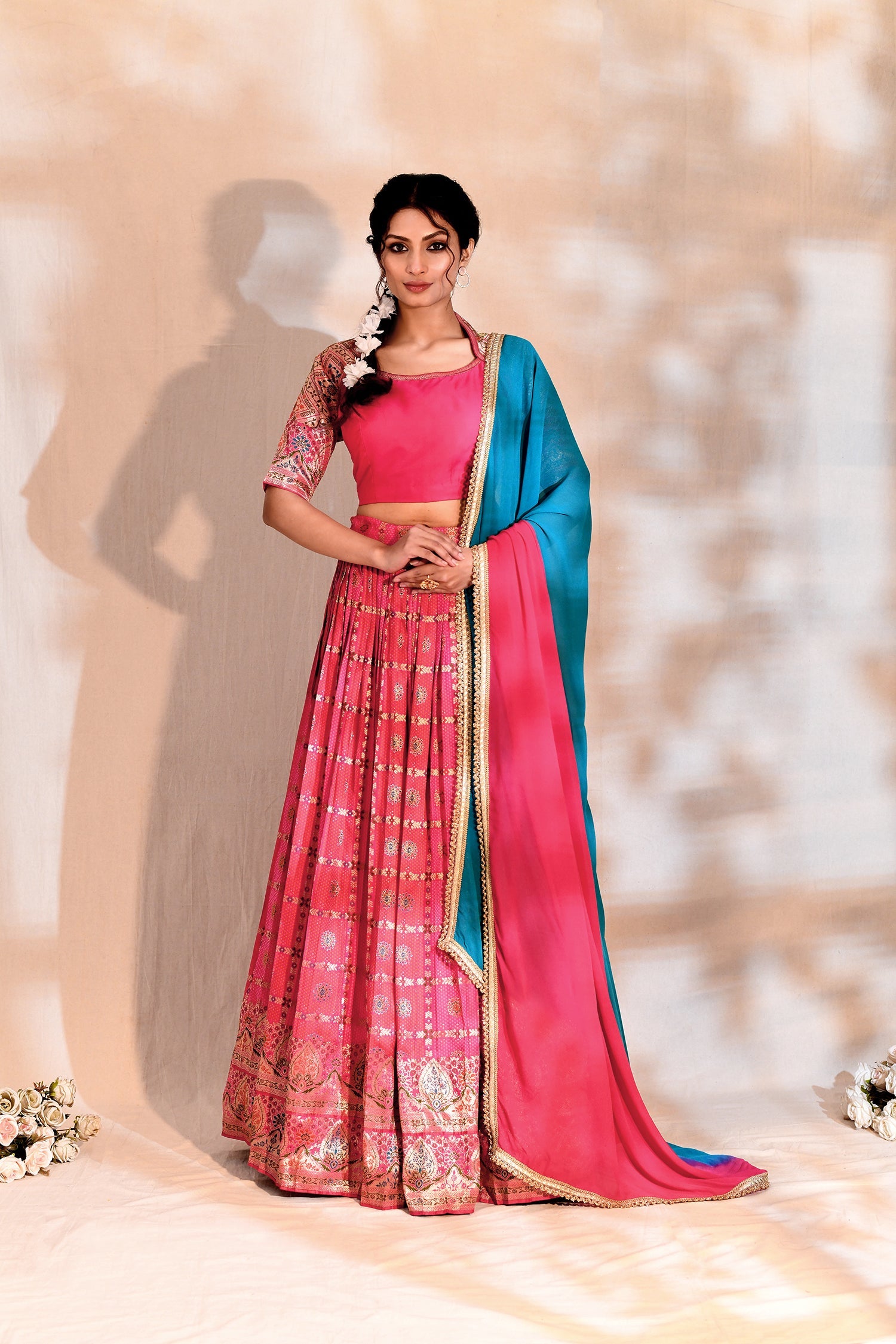 Bright Pink Tissue Silk Lehenga Set