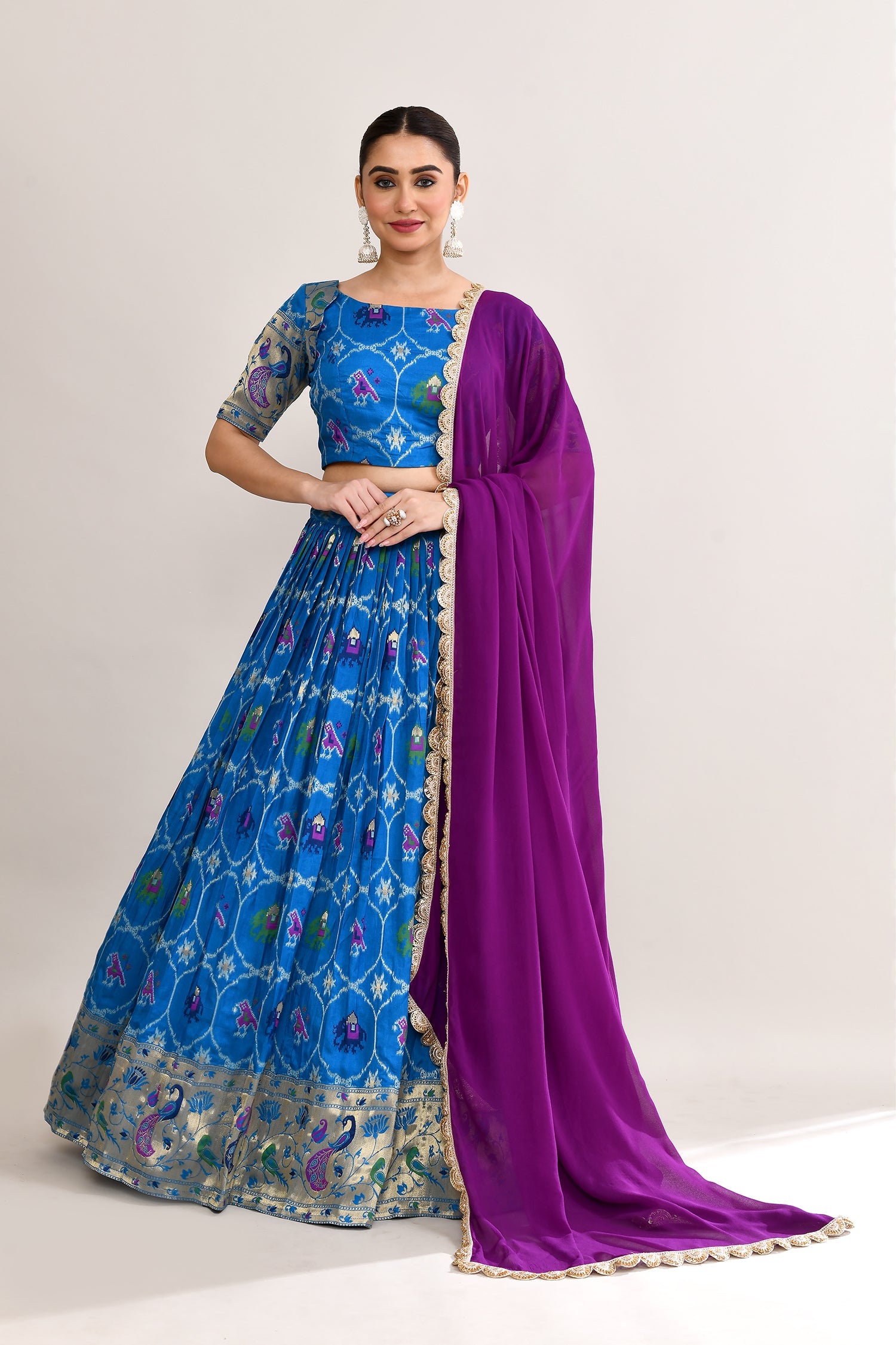 Celtic Blue Cotton Silk Ikat Printed Lehenga Set