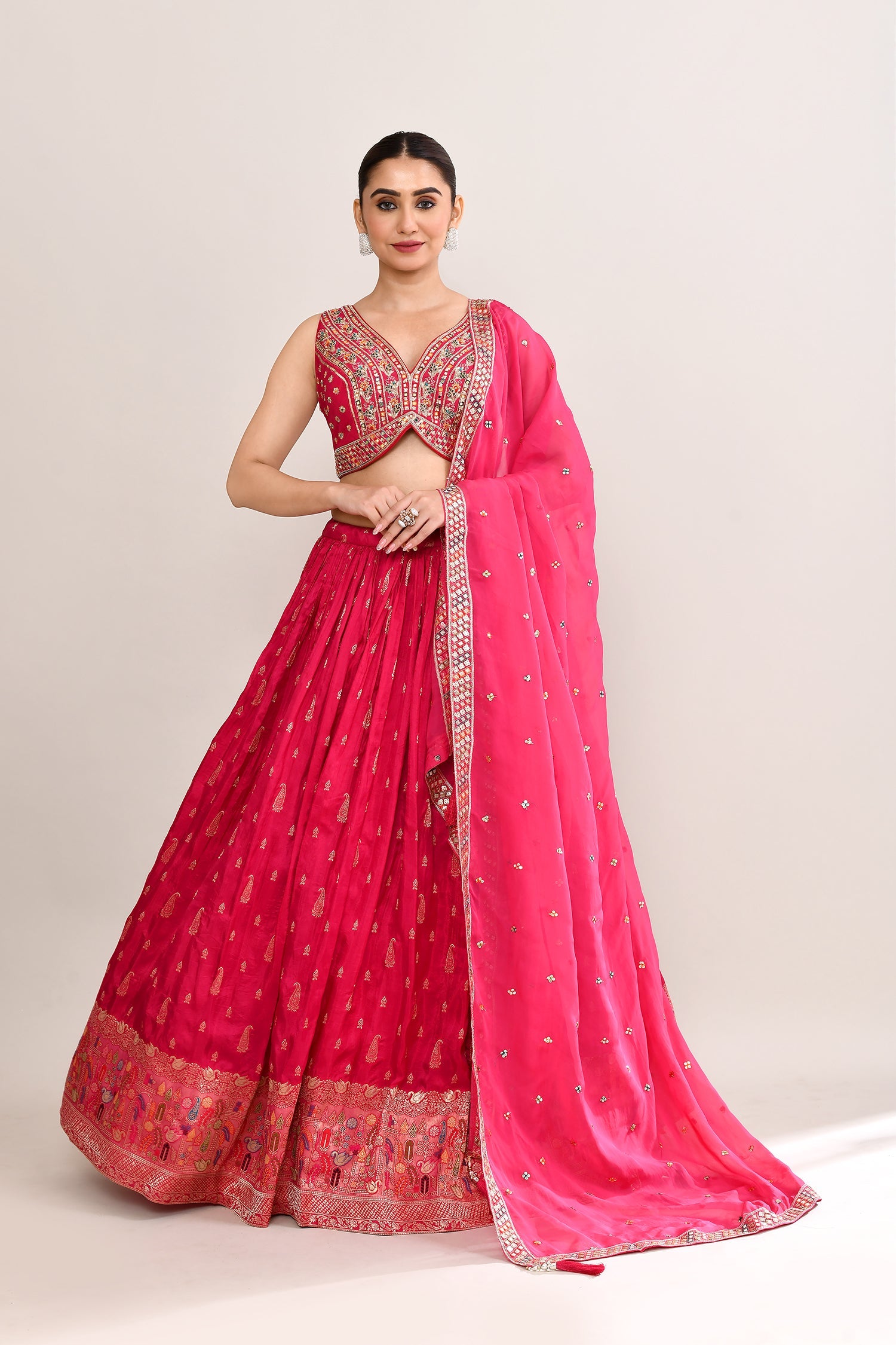 Bright Pink Tissue Banarasi Embroidered Lehenga Set