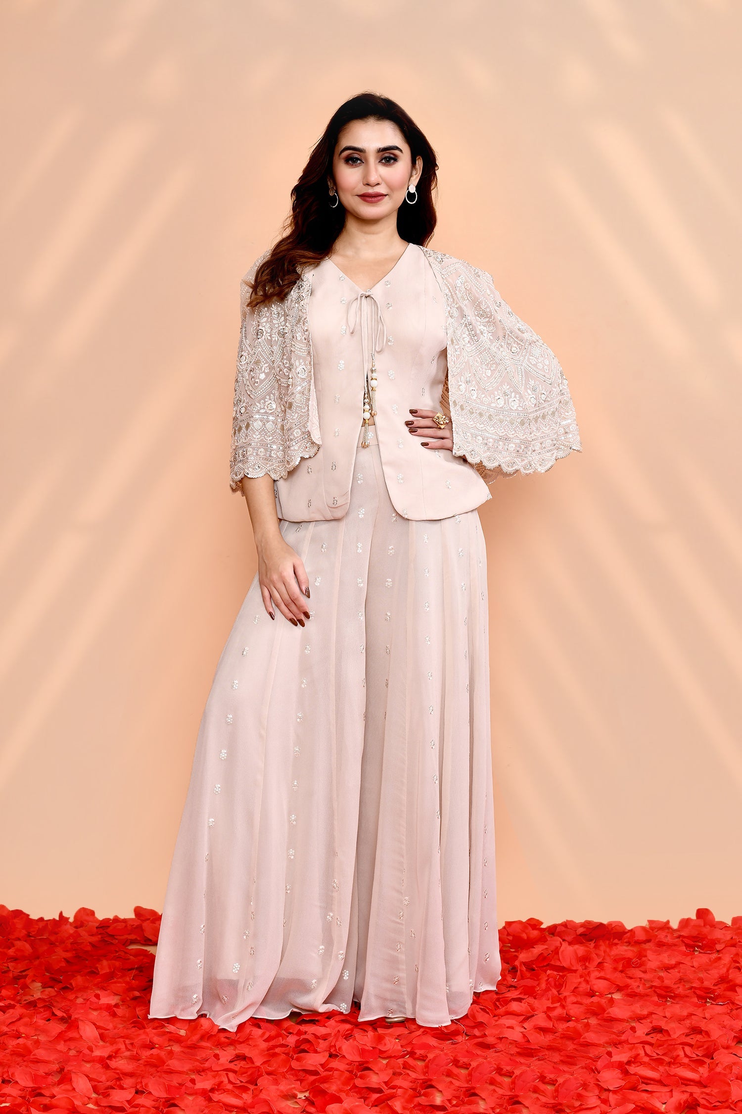 Pale Pink Georgette Floral Indo-Western Set