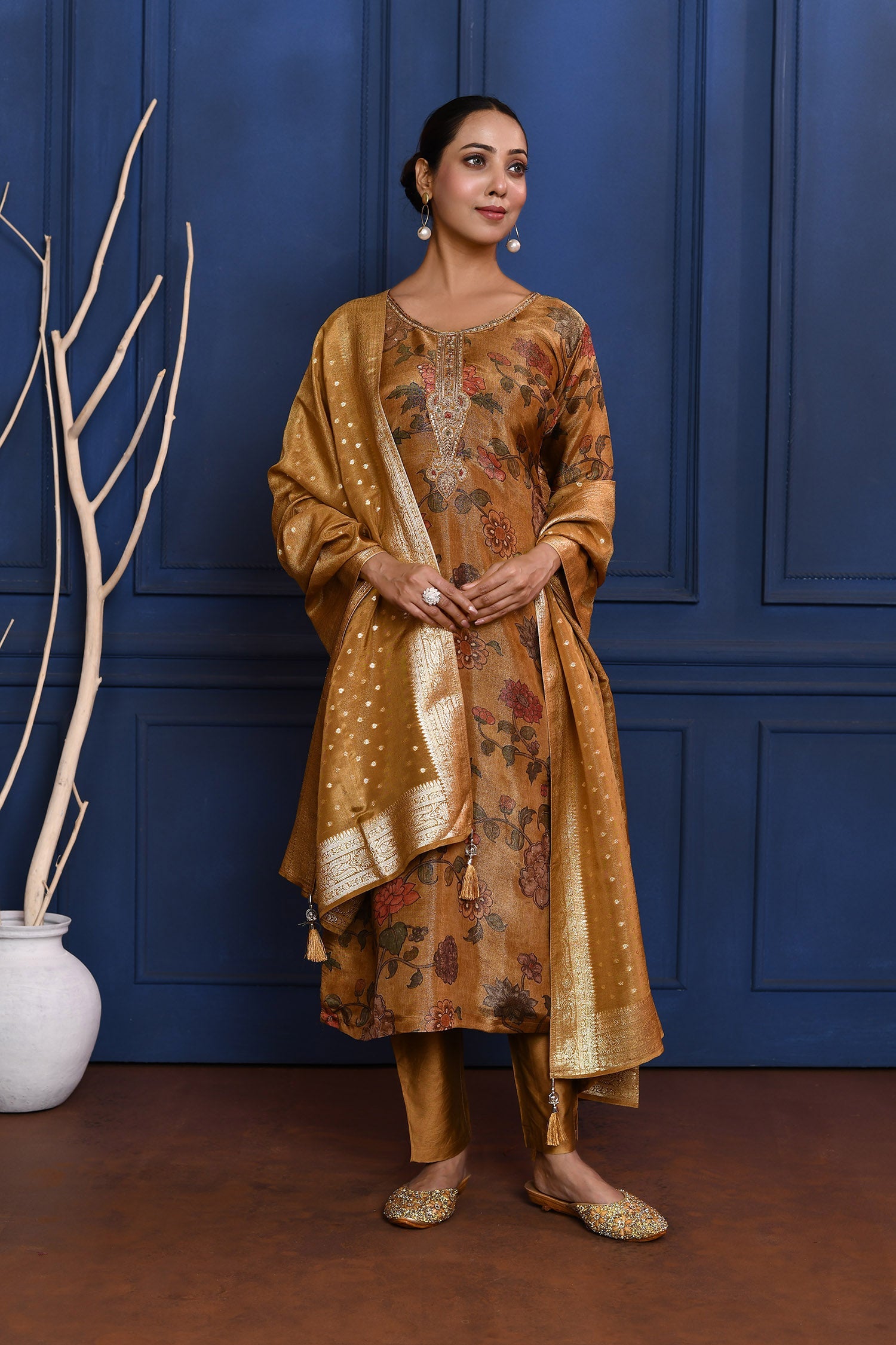 Earthy Brown Floral Printed Tissue Kurta Set