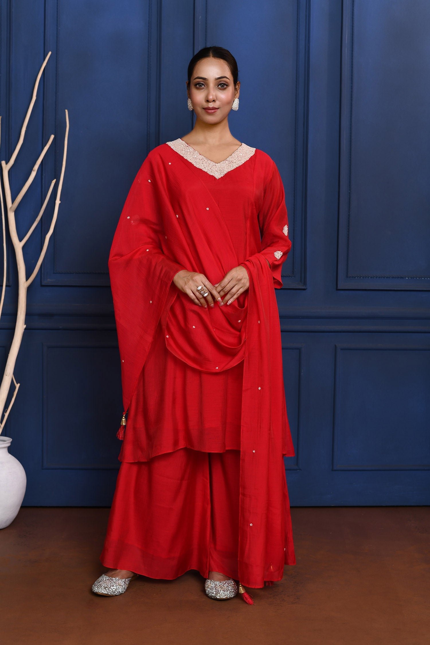 Crimson Red Solid Dupion Silk Kurta Set
