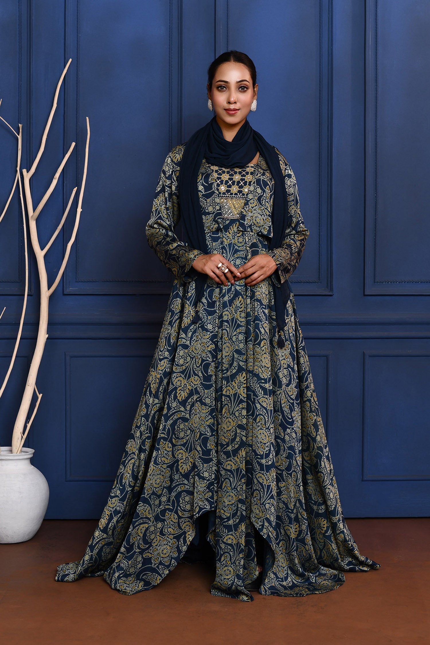 Navy Blue Floral Printed Satin Anarkali Set