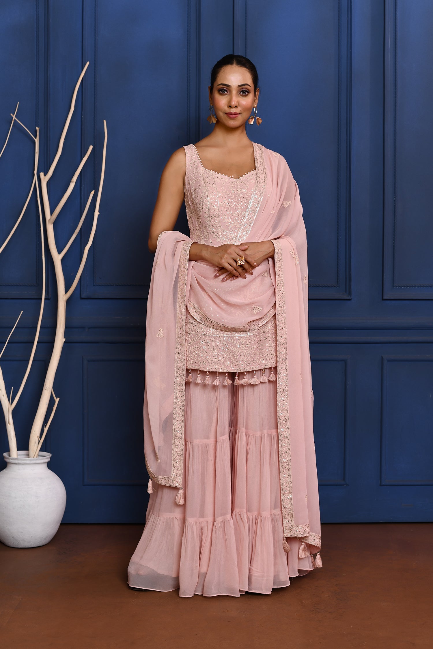Pastel Soft Pink Embroidered Georgette Sharara Set