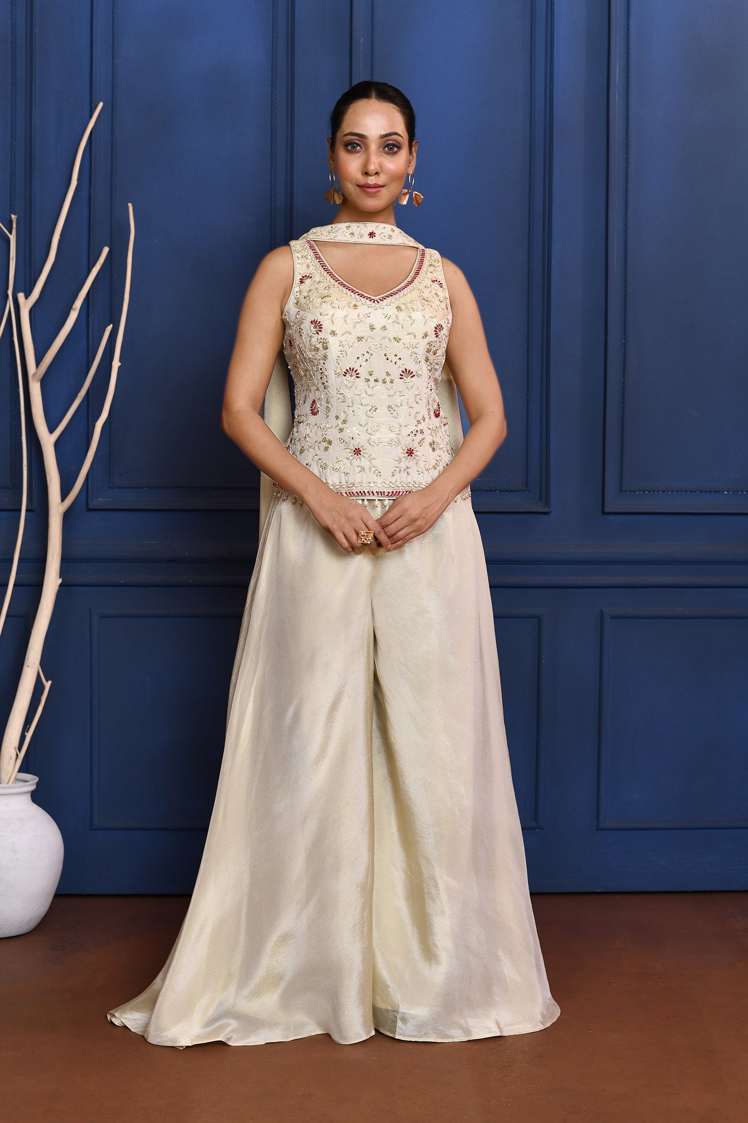 White Floral Tissue Indo-Western Set