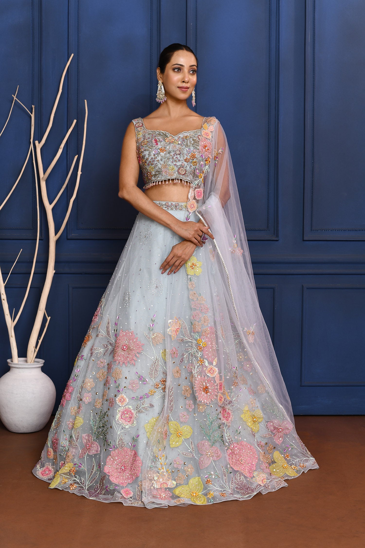 Pale Blue Floral Embroidered Organza Lehenga Set