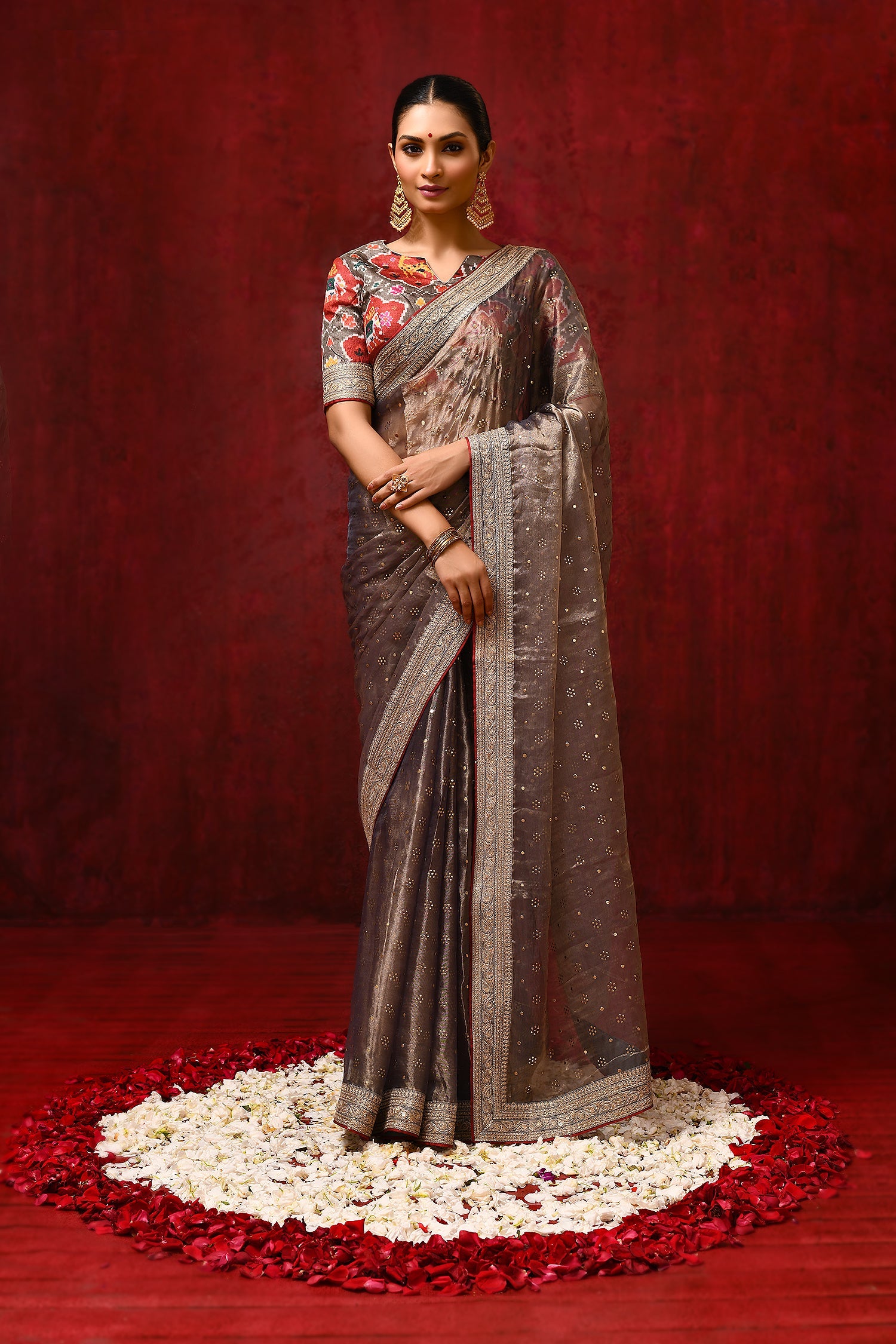Golden Brown Tissue Foil Printed Saree