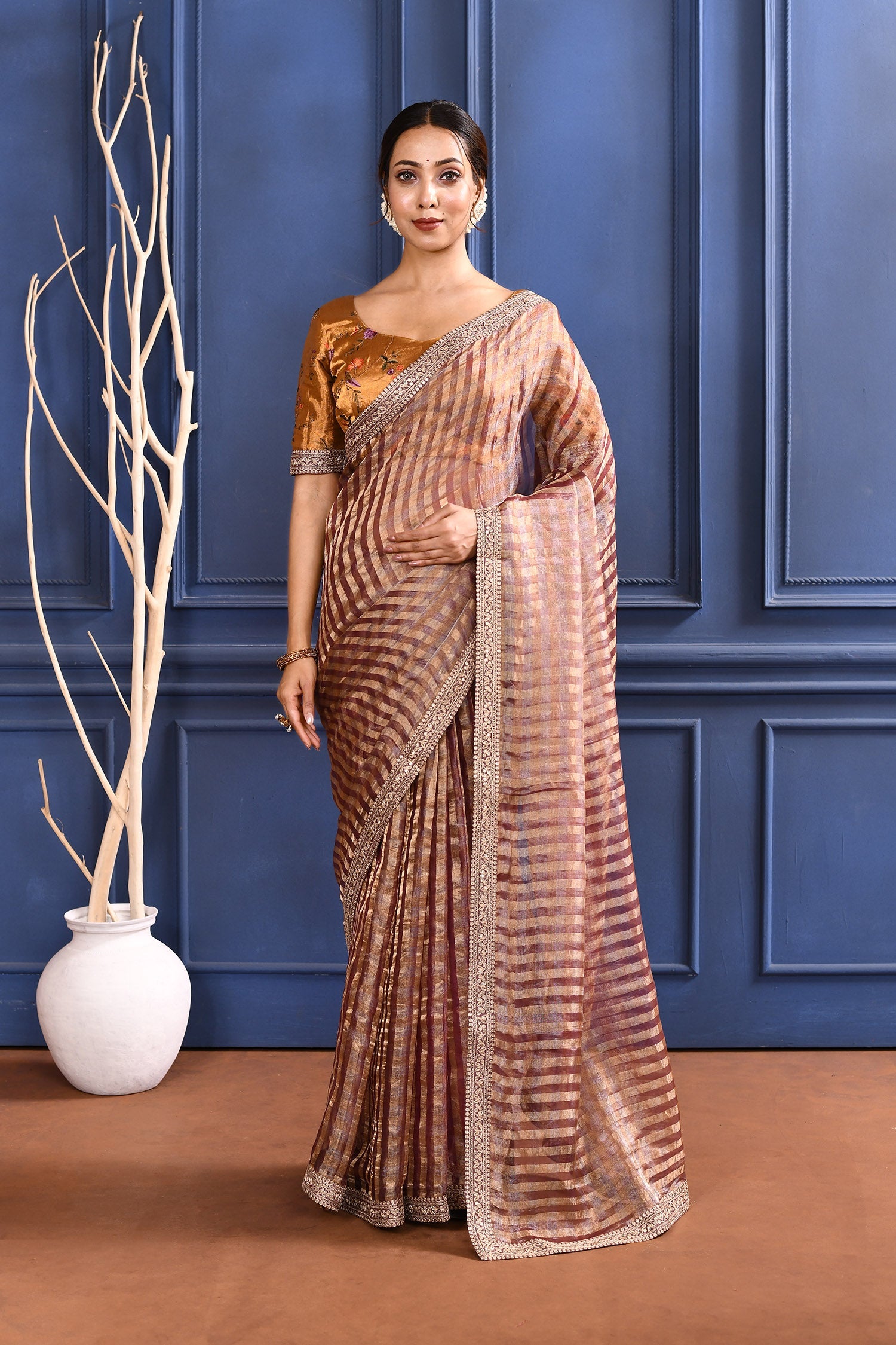 Earthy Dark Pink Embroidered Tissue Saree