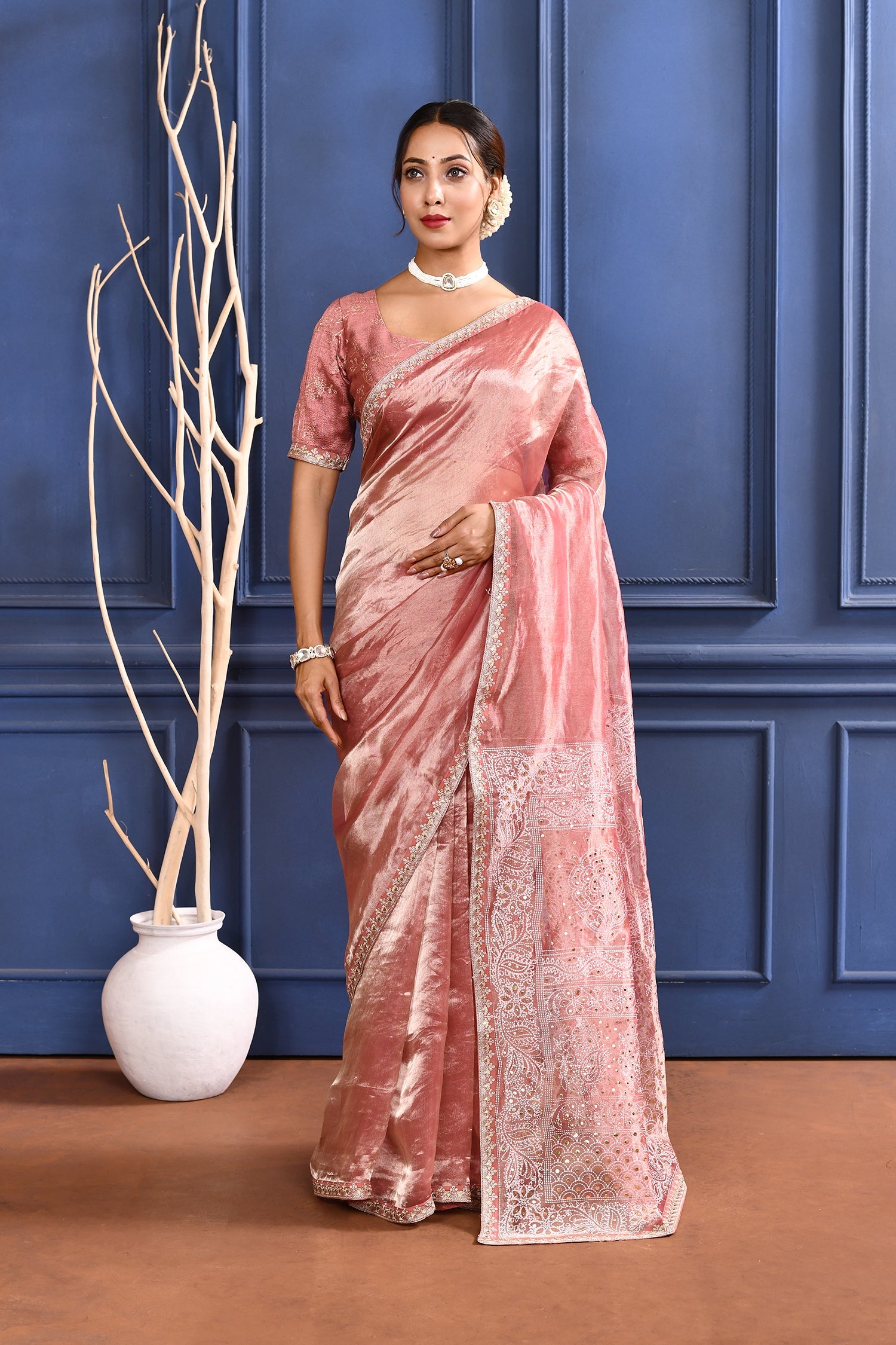 Soft Pink Foil Printed Tissue Saree