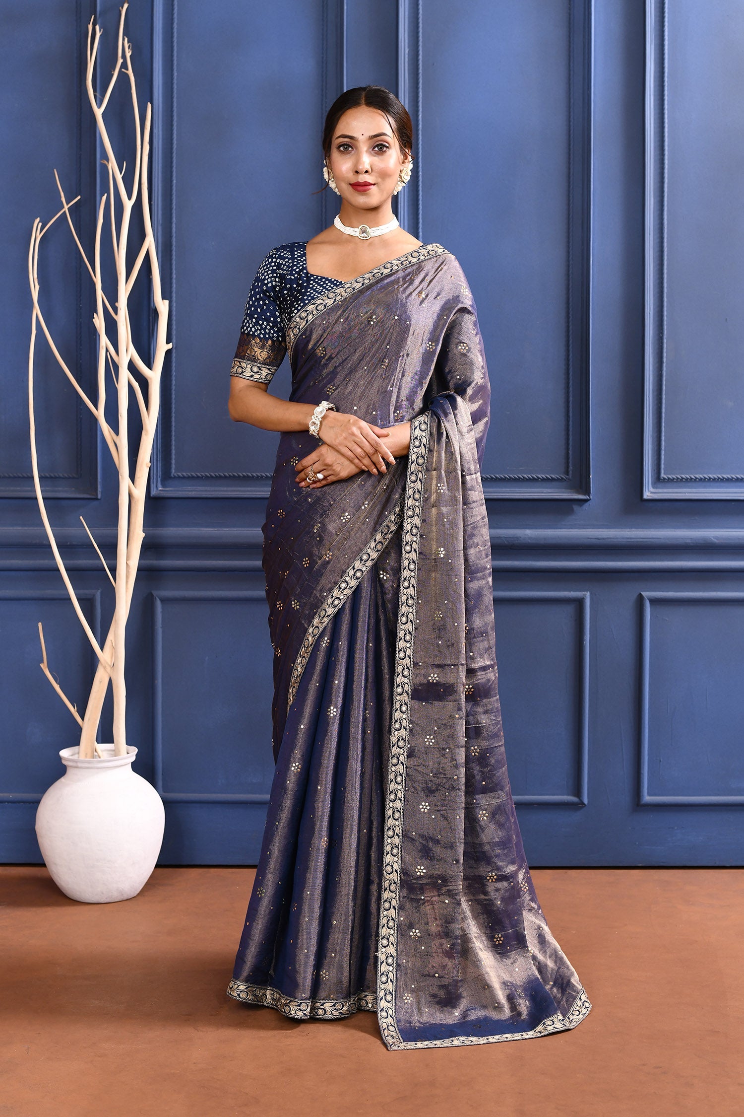 Dark Purple Foil Printed Tissue Saree