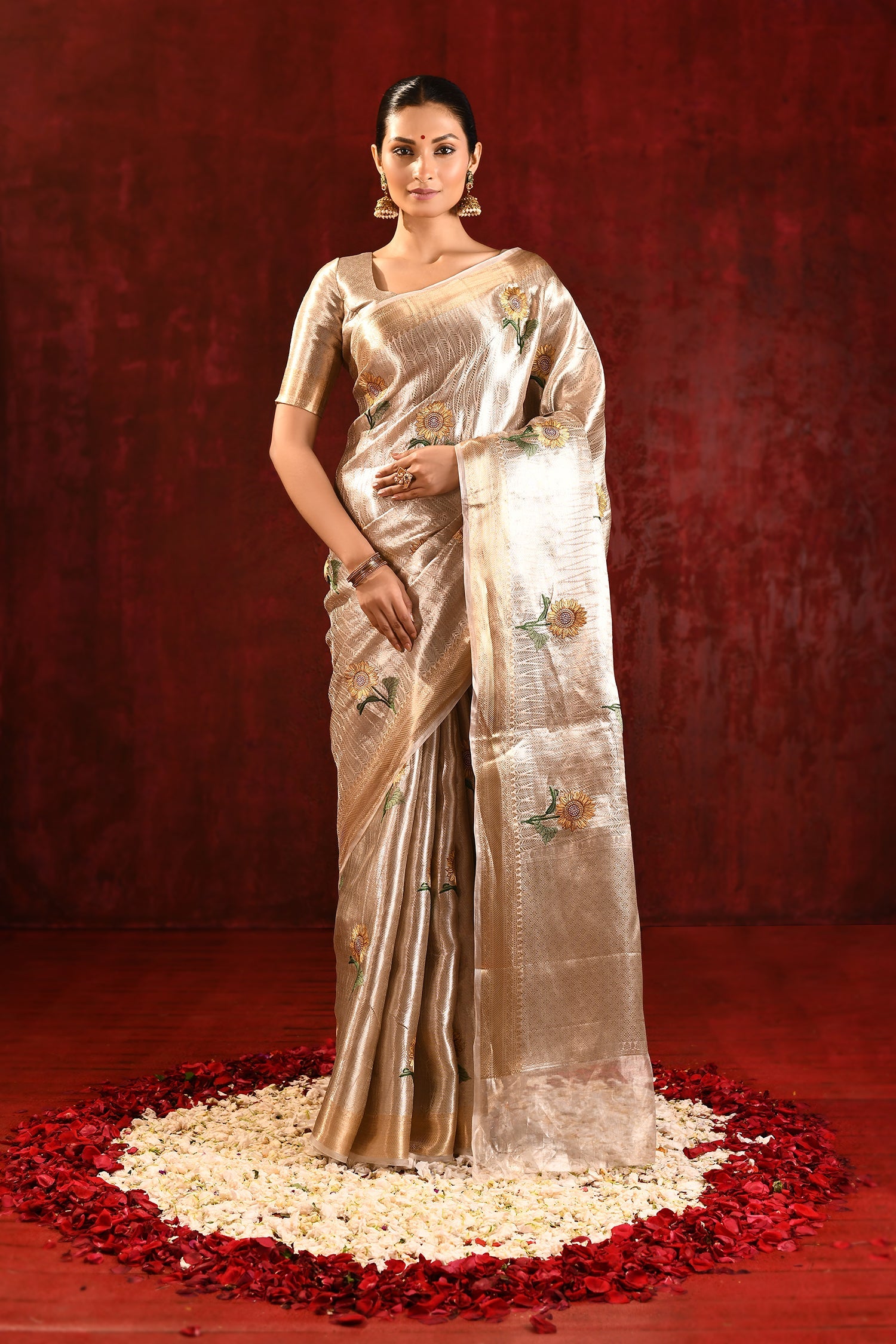 Metallic Gold Floral Tissue Embroidered Saree