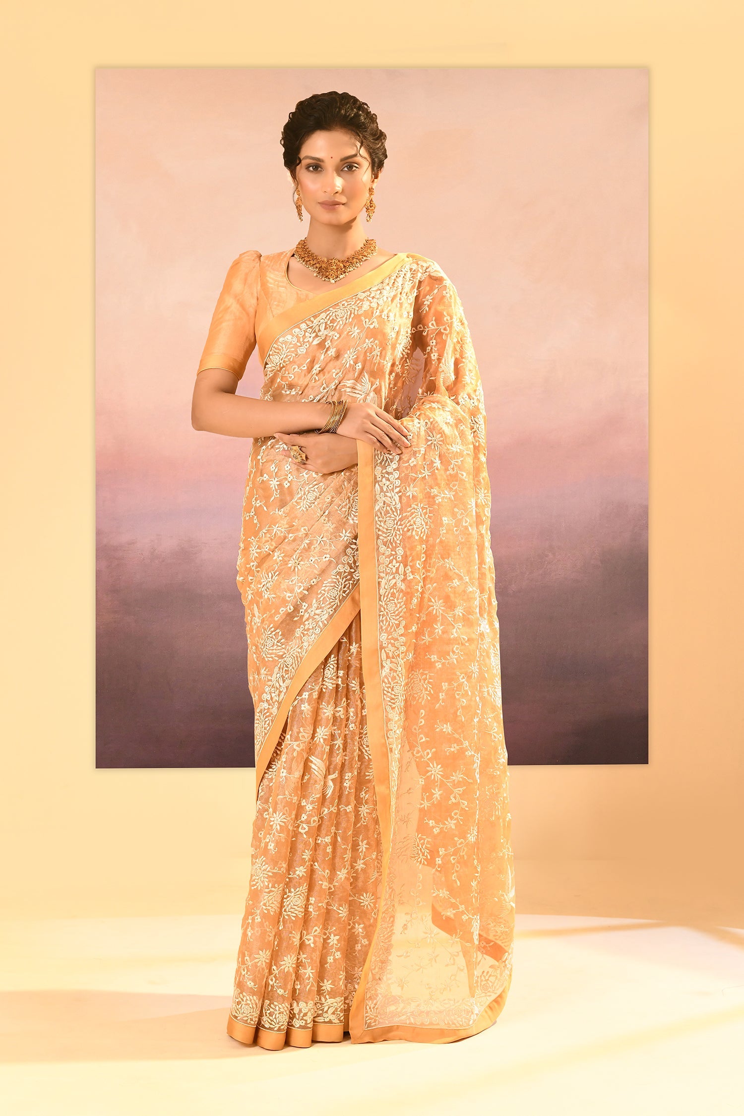 Golden Beige Tissue Embroidered Saree