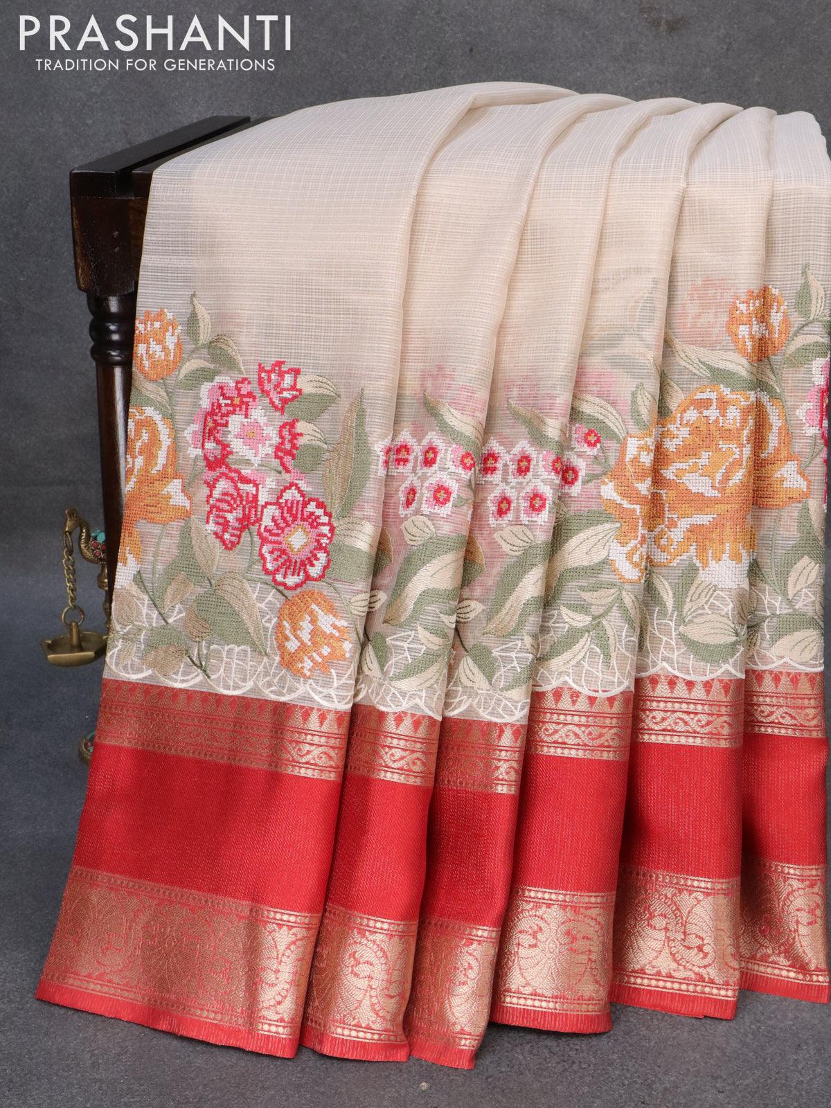 Banarasi kota tissue saree off white and red with floral design embroidery work and rettapet zari woven border